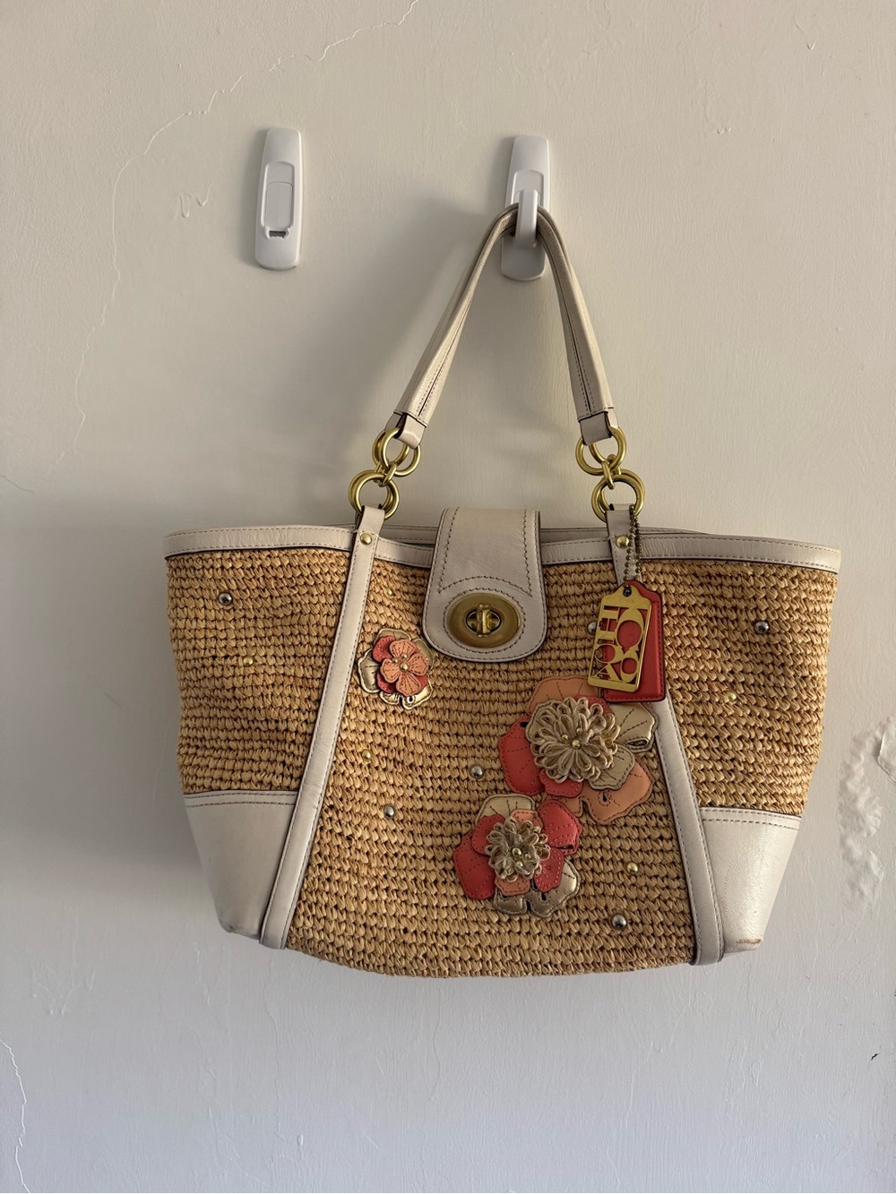 Coach Straw Shoulder Tote with Chalk Trim and Coral Floral Appliqués